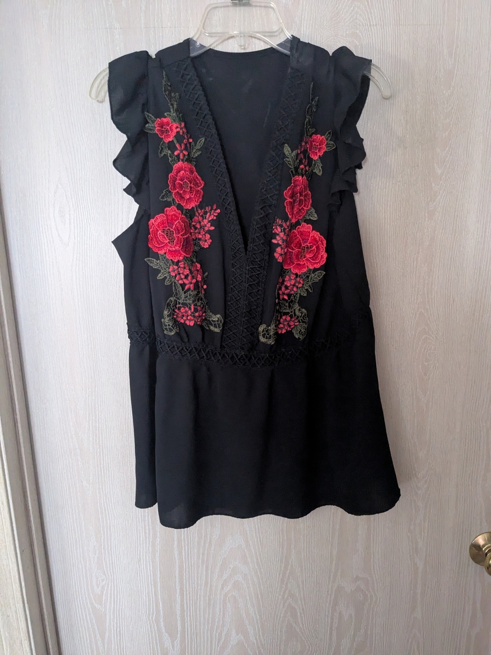 SHEIN Black Sleeveless Top with Red Floral Embroidery